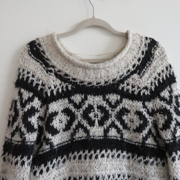 FREE PEOPLE Silver Reed Fair Isle Black White Crochet Wool Boho Sweater Sz XS - Picture 3 of 15